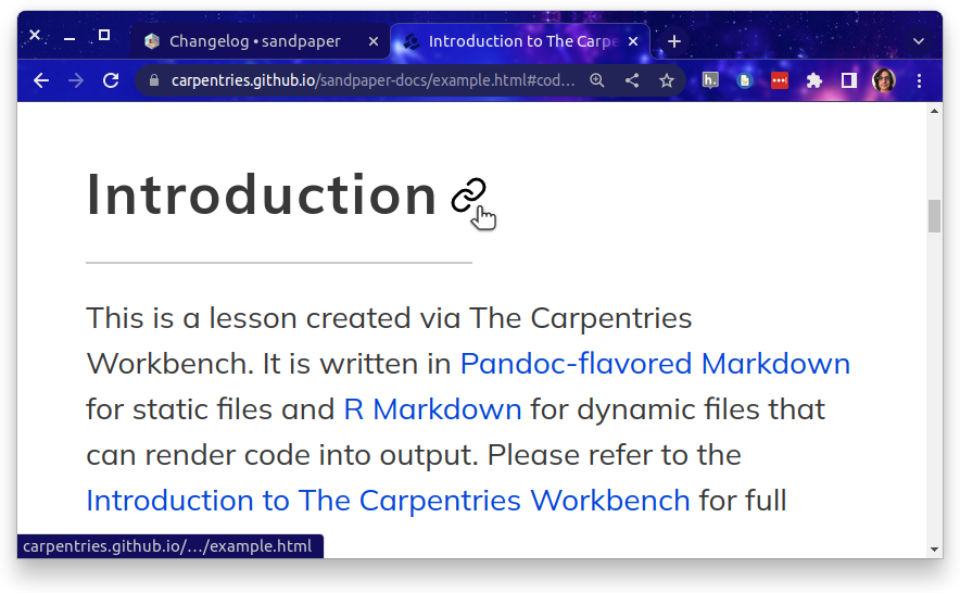 Screenshot of a zoomed-in lesson website with a heading that says “Introduction”. The mouse hovers next to it, revealing a chain link symbol.