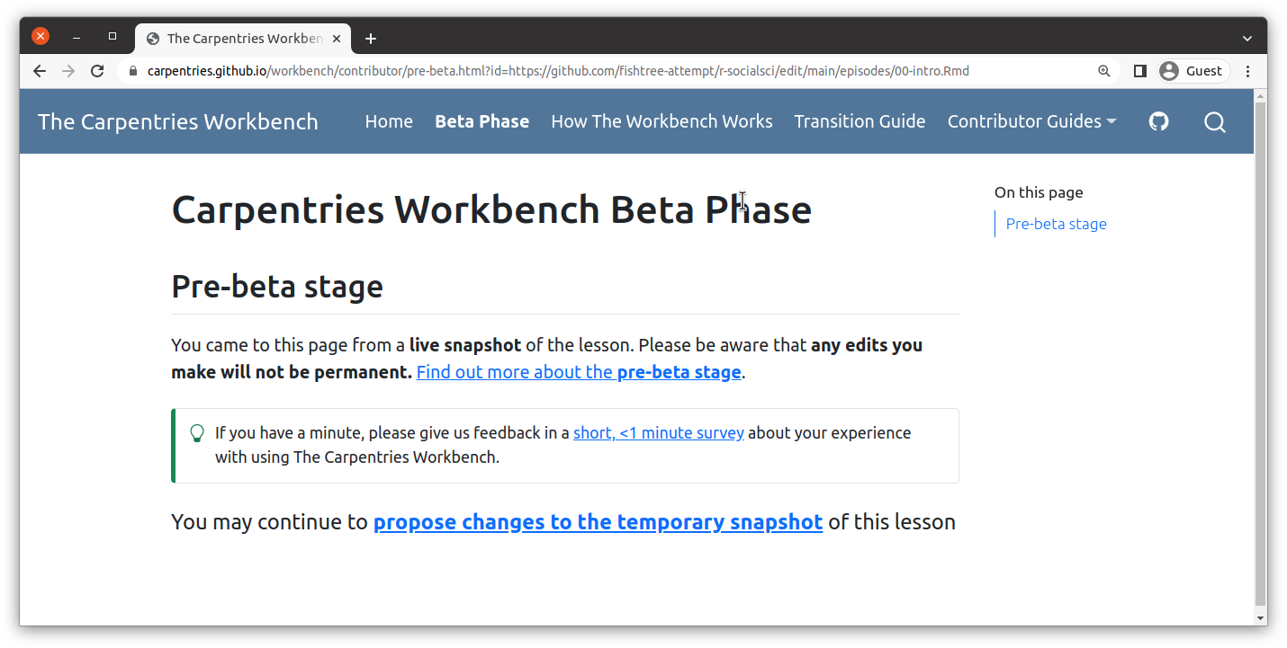 screenshot that shows the landing page for the pre-beta stage. Text with a link at the bottom says "You may continue to propose changes to the temporary snapshot of this lesson"
