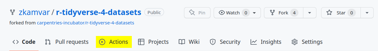 screenshot of GitHub repository header showing that it is a fork with the "Actions" tab highlighted in yellow