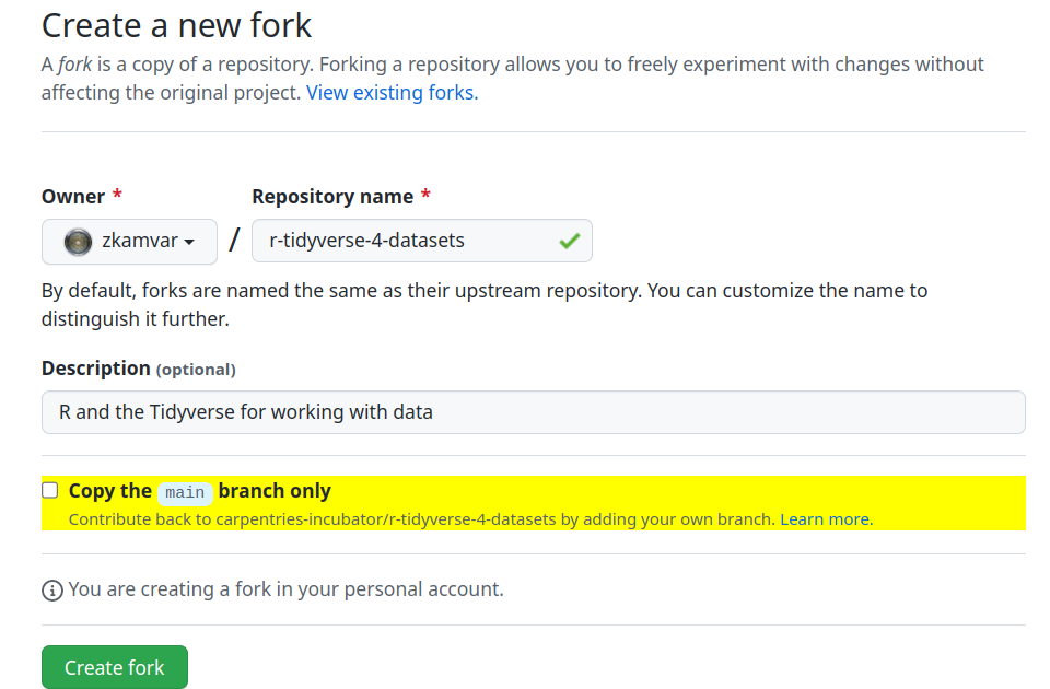 screenshot of the ‘create a new fork’ page with the “Copy the main branch only” checkbox highlighted in yellow