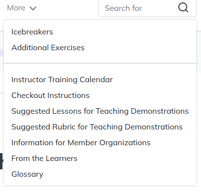 screenshot of a dropdown menu from “intstructor training” that is split
into two sections: one section for instructors and another with links for
learners