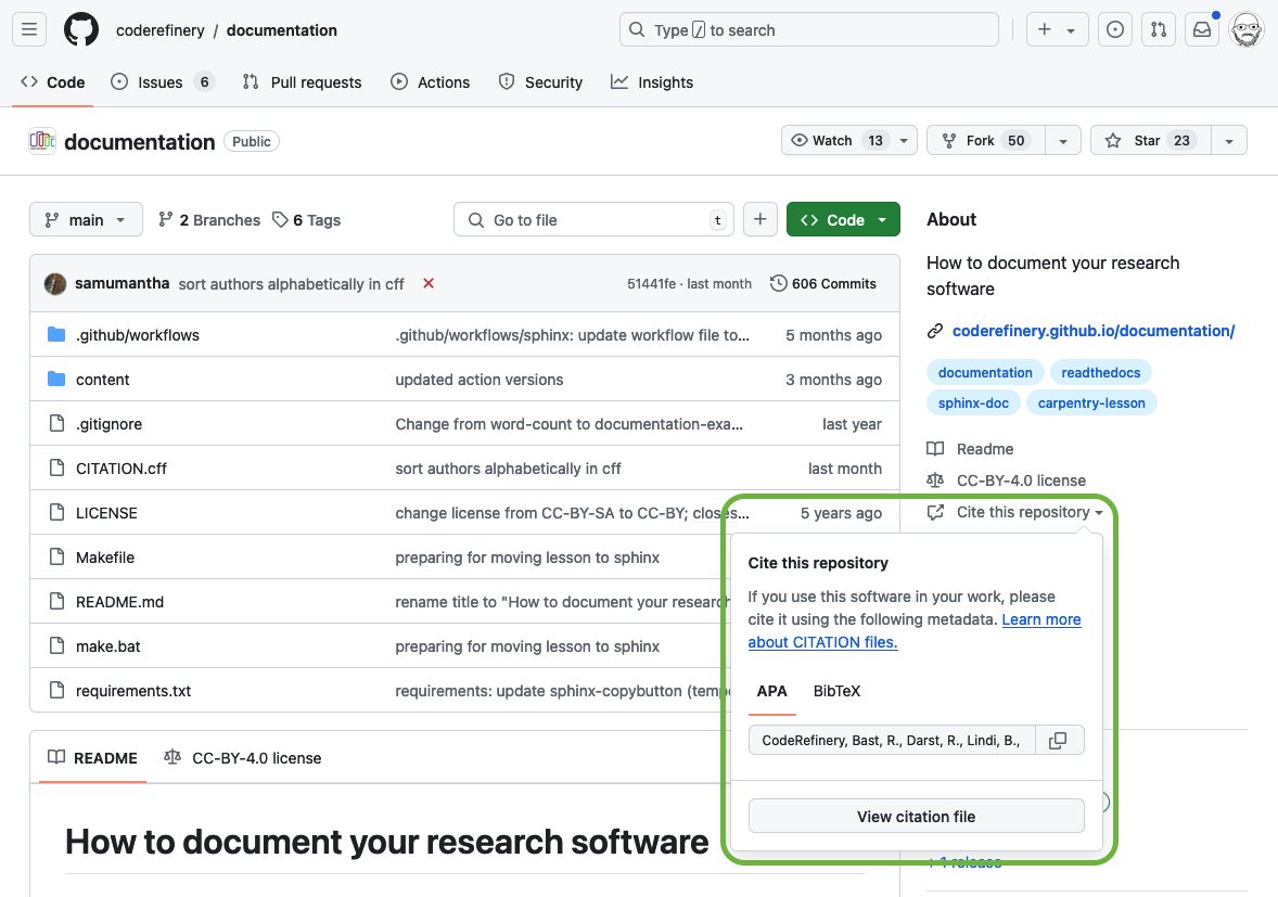 GitHub displays a ‘Cite this repository’ pop-up on projects containing a CITATION.cff file.