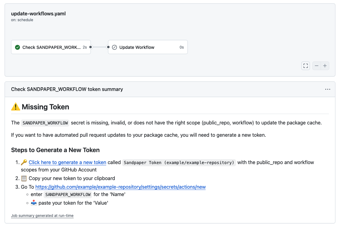 Output of the 02 Maintain: Update Workflow Files workflow in the Actions page of a GitHub repository when no SANDPAPER_WORKFLOW token is available on the repository. The output displays a message “Missing Token: The SANDPAPER_WORKFLOW secret is missing, invalid, or does not have the right scope (public_repo, workflow) to update the package cache. If you want to have automated pull request updates to your package cache, you will need to generate a new token.” accompanied by instructions for generating and adding this token.